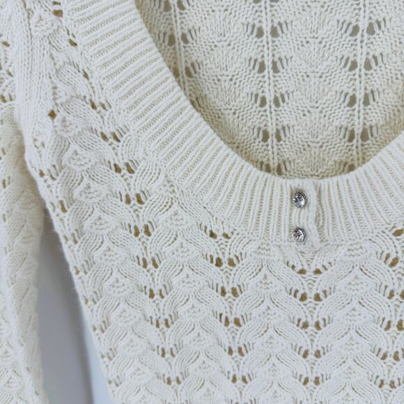 Guess Jeans Y2K Cream Crochet Knit Sweater Small Deep V-Neck Long Sleeve Retro - Picture 4 of 7